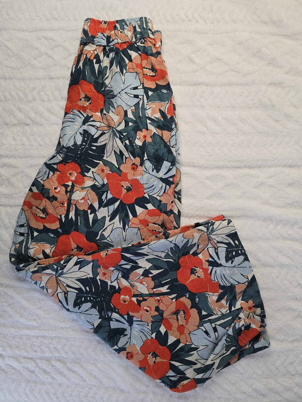 C&C California Linen Crop Pants Orange Blue Floral Wide Leg Pull On Resort S
